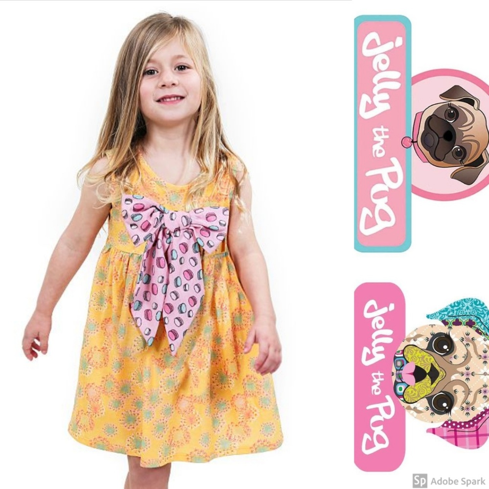 Jelly The Pug Girls Yellow Floral Puffy‎ Bow Knit Boutique Dress Size 5 NWT